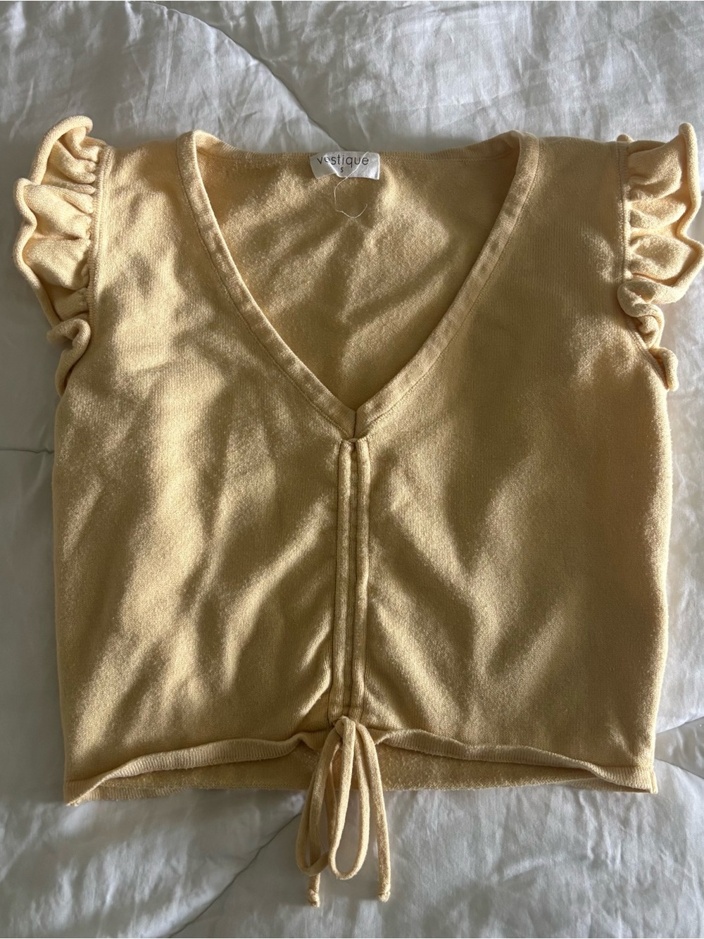 vestique butter Yellow Ruffle Sleeve V-Neck Tie-Front Crop Top